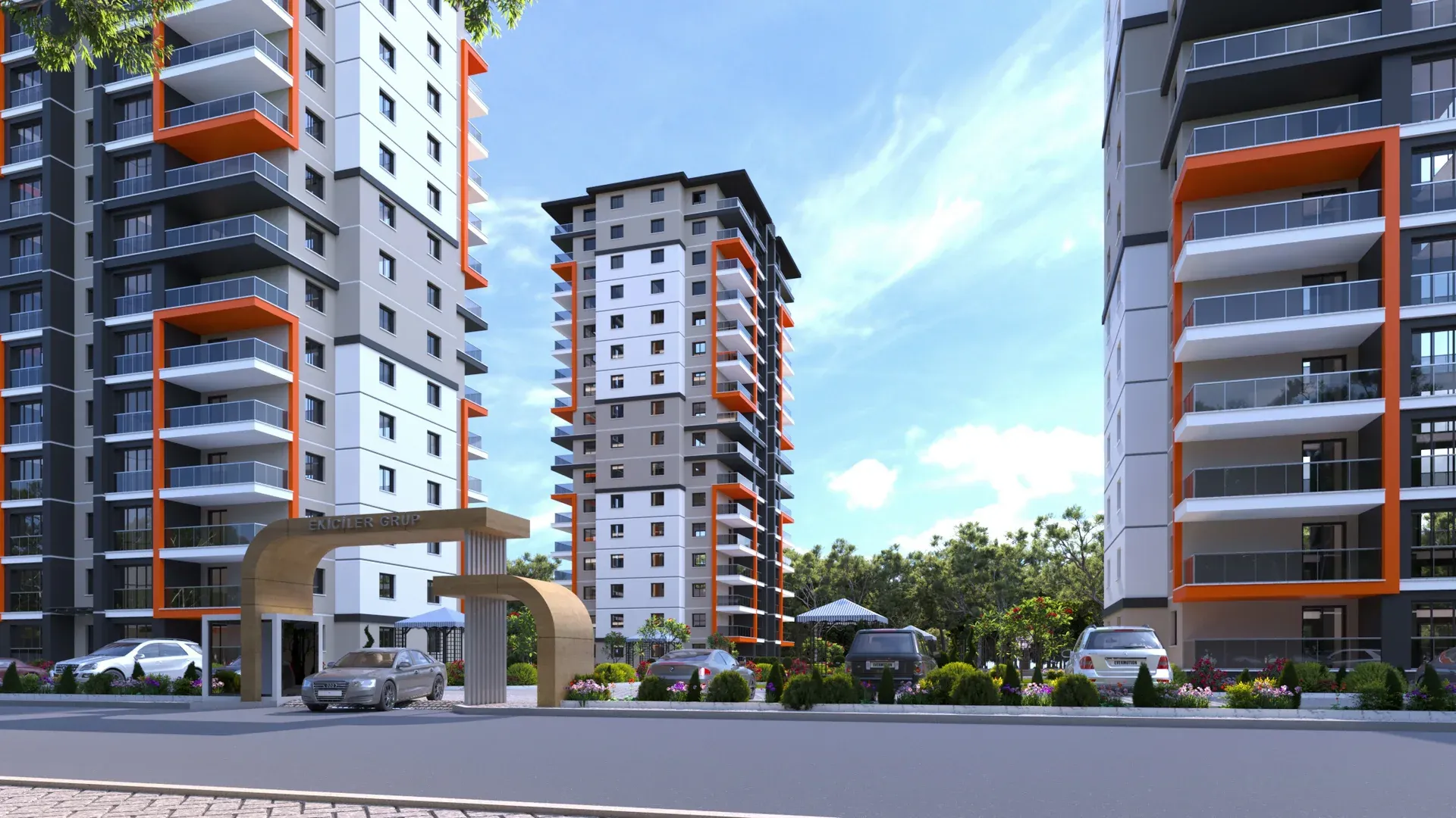 Bloklar ve site girişi, cadde tarafından