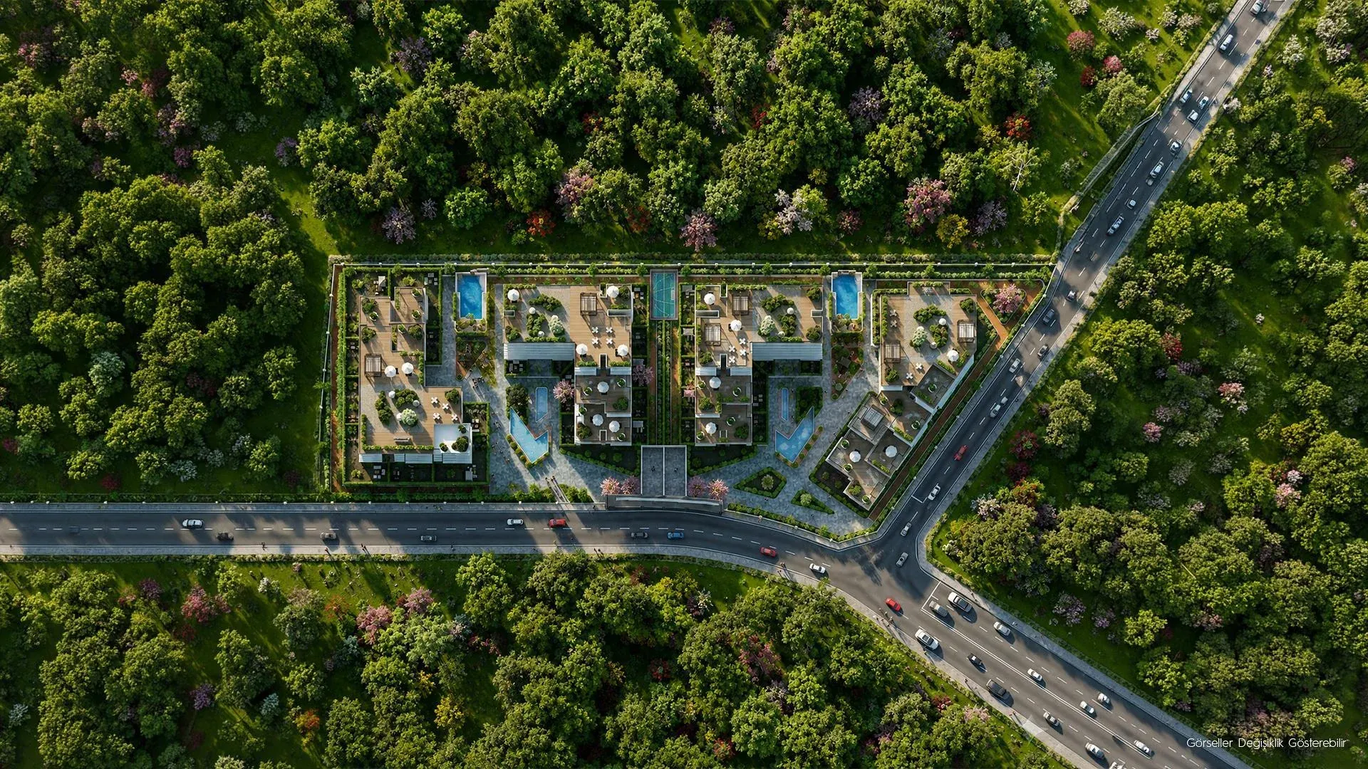 Arsa ve çevre yolları, kuşbakışı