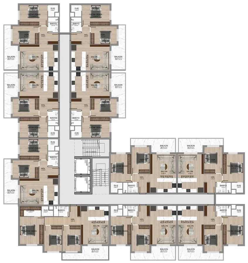 Planlanan kat planı: her katta 2+1 daireler