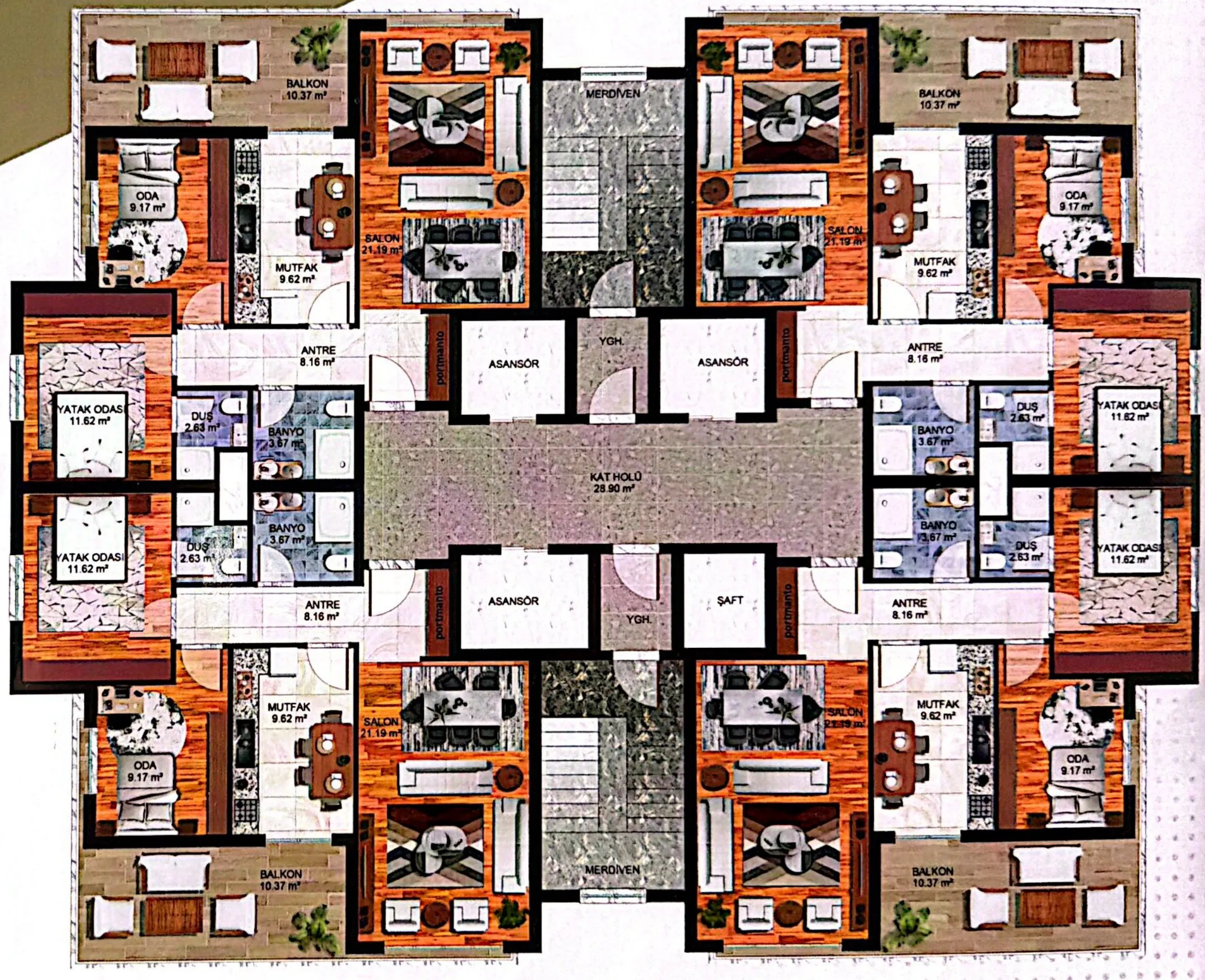 Deluxe Life Angora kat planı: katta dört adet 2+1 daire